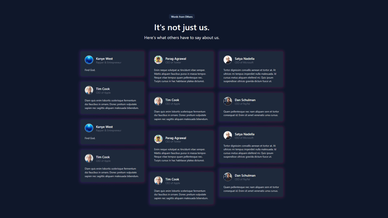 DocsAllOver - Customer Testimonial Grid in Dark Mode with Tailwind CSS