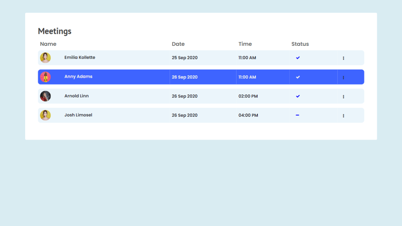 DocsAllOver - Meeting Status Table with User Information in Bootstrap 5